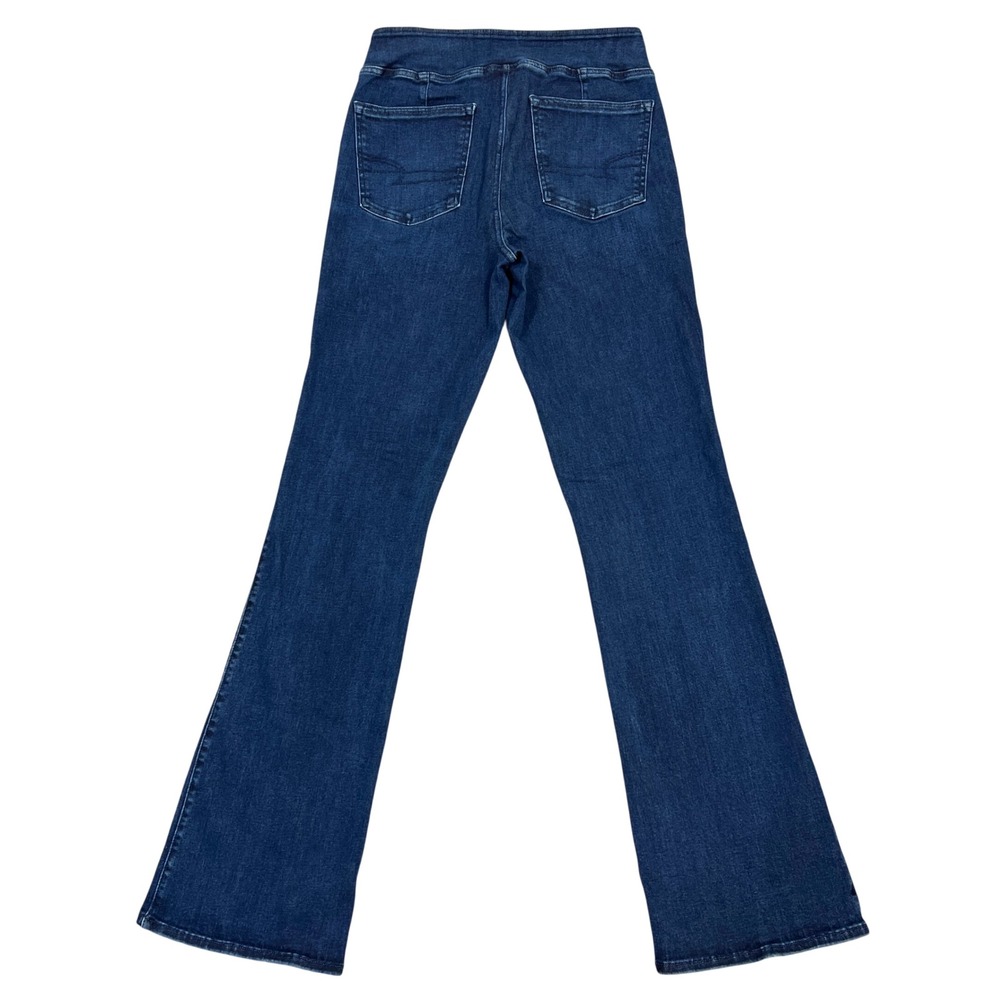 American Eagle Pull-On Flare Jeans Medium Long Dark Wash Flare High Rise Stretch - Picture 2 of 11